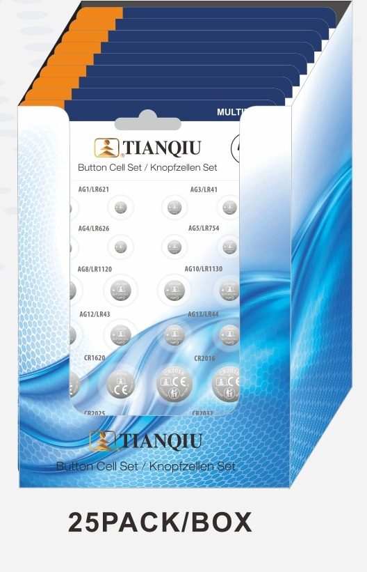 TIANQIU button cell display box with CE marking and separate-collection symbol
